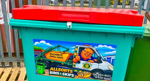 1100 litre bin with the Allsorts Bins & Skips logo